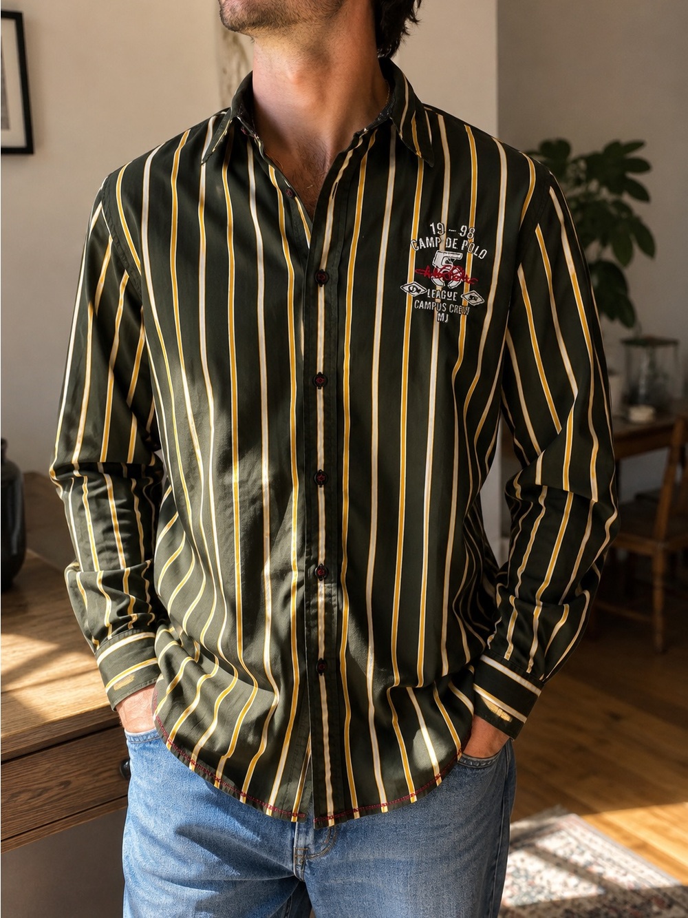 Slim Y2K XL Mufti Jeans Men’s 1998 Camp de Polo Striped Button Up Shirt